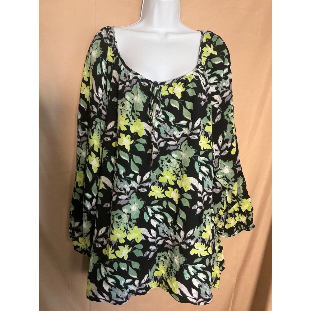 Ellos Floral Tunic Blouse Womens 3X Black Green Excellent Long Sleeve Tie Neck